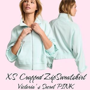 NWT PINK Victoria’s Secret Light Aqua Blue Cropped Full Zip Sweatshirt Size XS